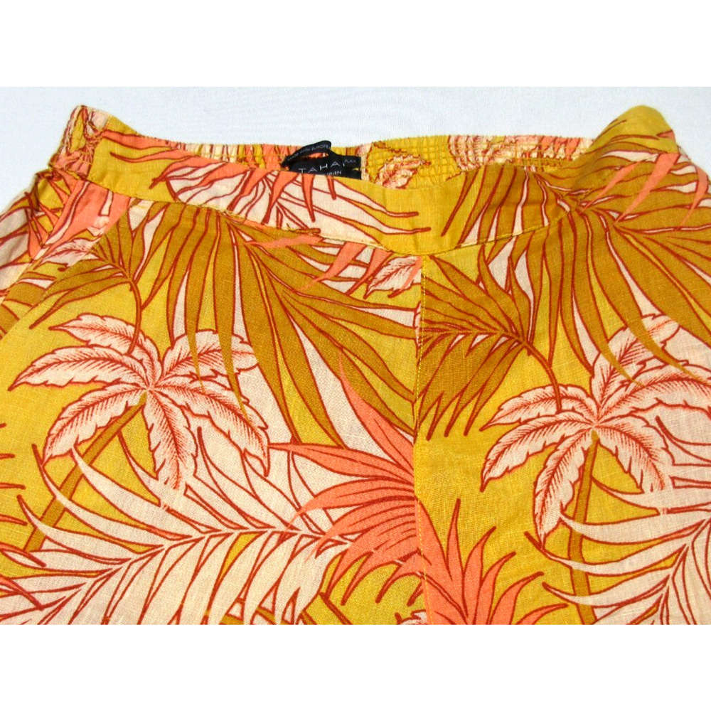 Tahari Womens Large 100% Linen Wide Leg Tropical Leaf Pink-Yellow Crop Pants - Picture 5 of 5